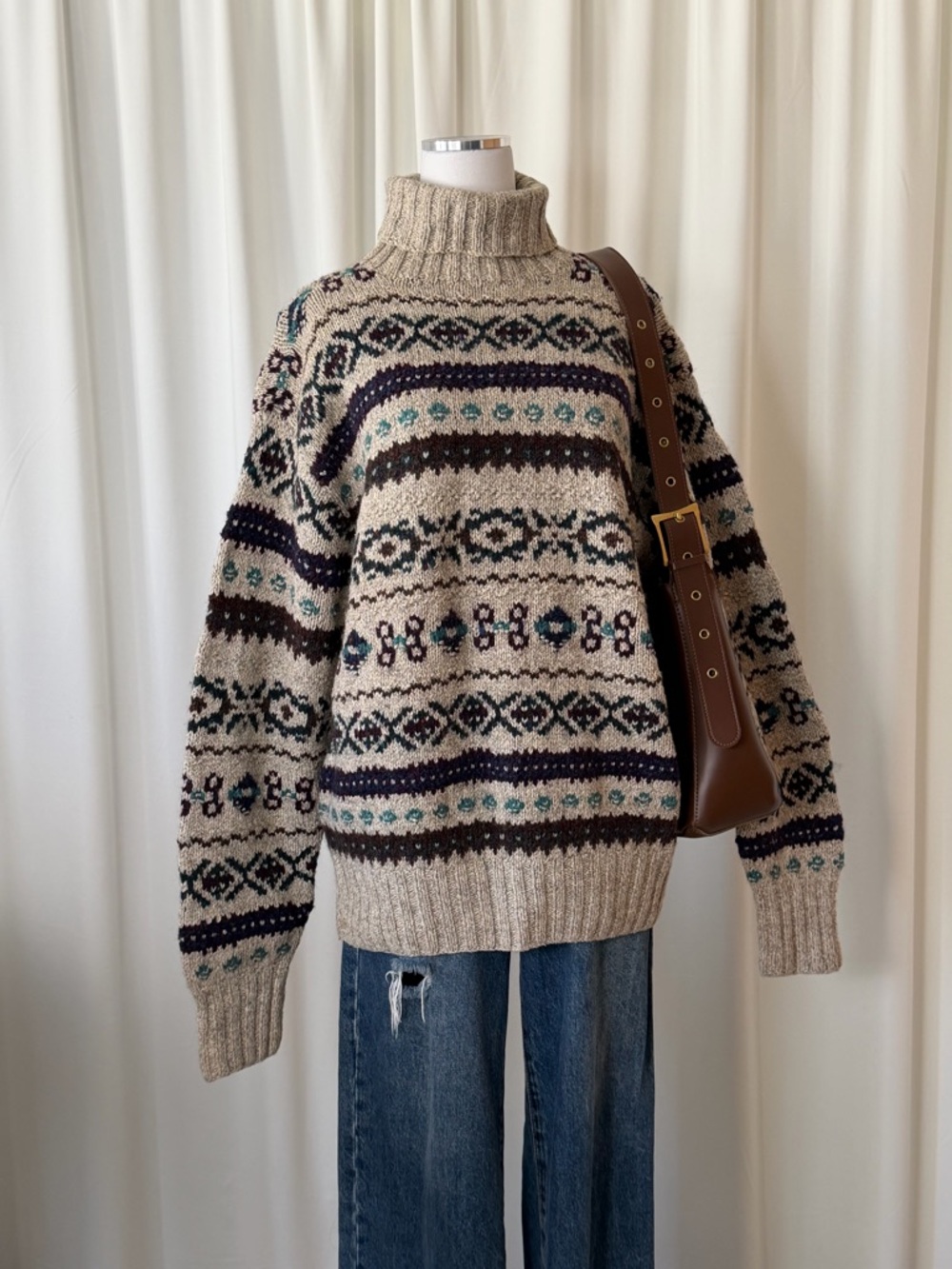 Vintage 1980’s POLO Ralph Lauren Hand knit Fair Isle turtleneck sweater large - Picture 10 of 13